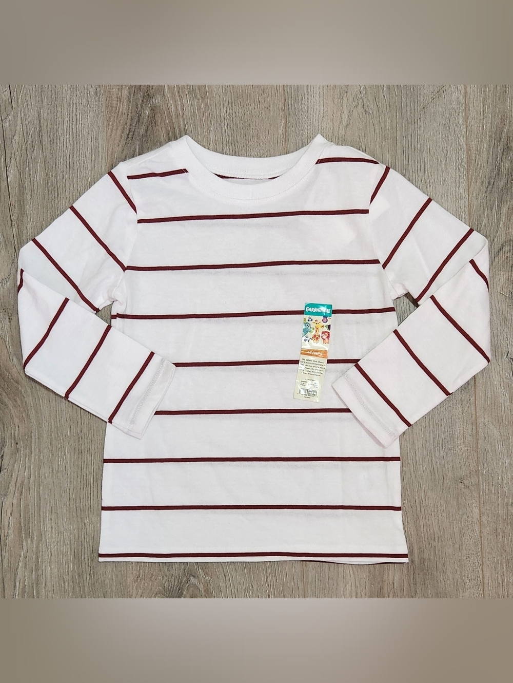 Kids Long-Sleeve White Tee with Burgundy Stripes